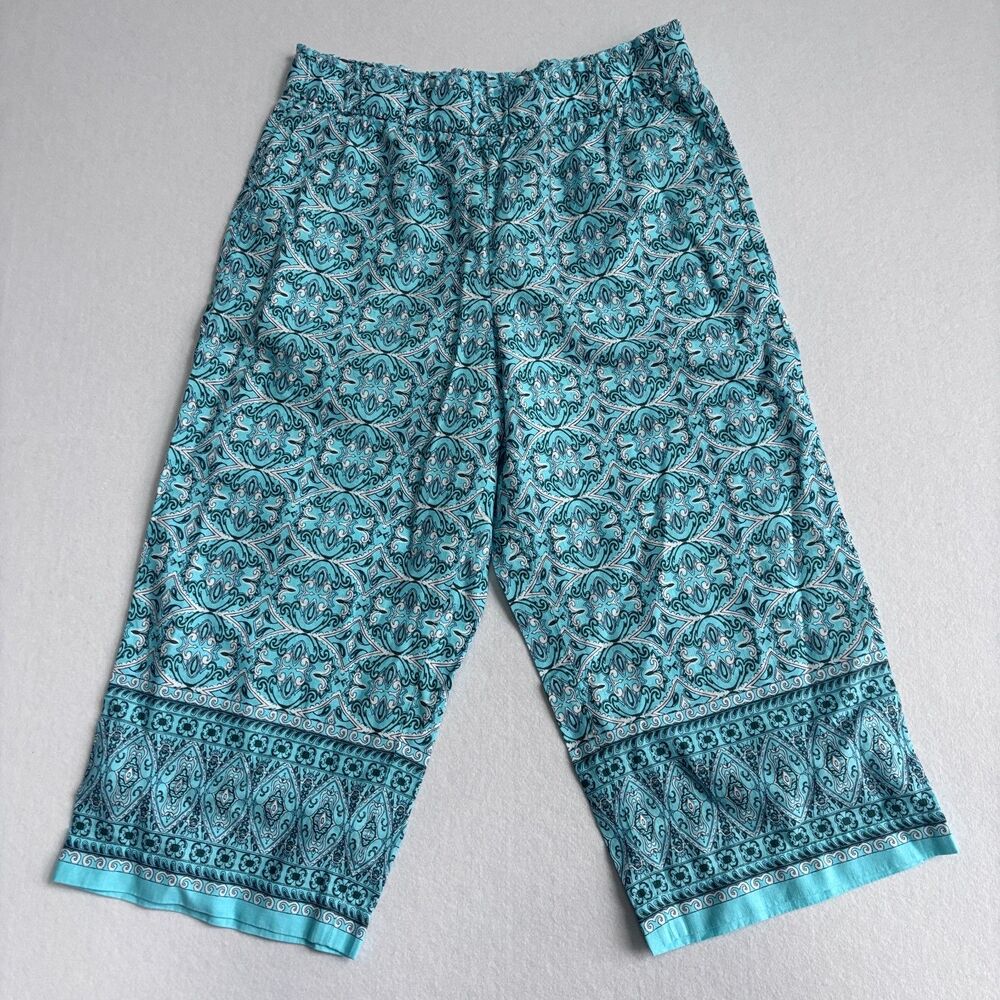 Talbots Linen Pull On Wide Leg Crop Pants Women's LP Aqua Blue Geometric Preppy